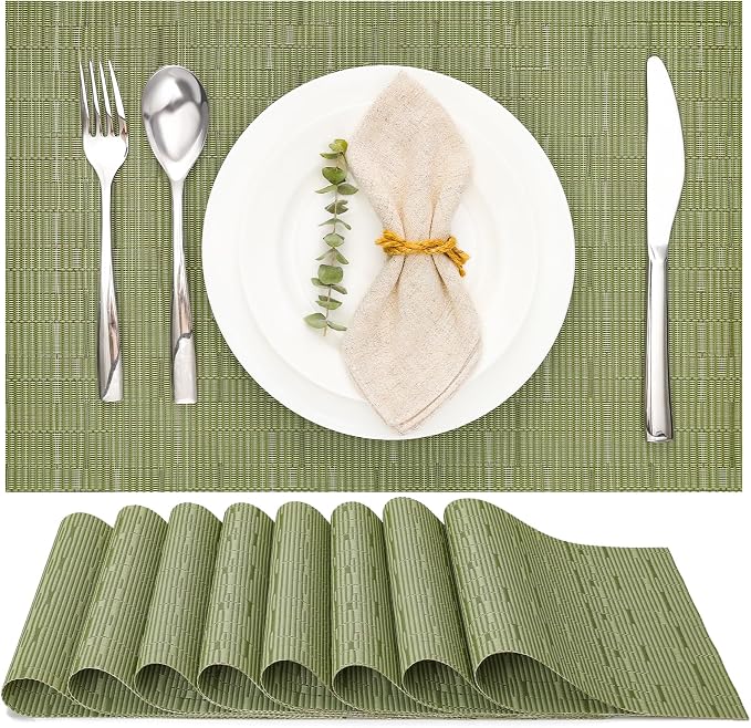 Myir JUN Placemats Set of 8 Kitchen and Dining Table Placemats | Vinyl Placemats Place Mats Indoor/Outdoor Set of 8 Washable Table Mats Non-Slip Place mats for Dining Table, Green