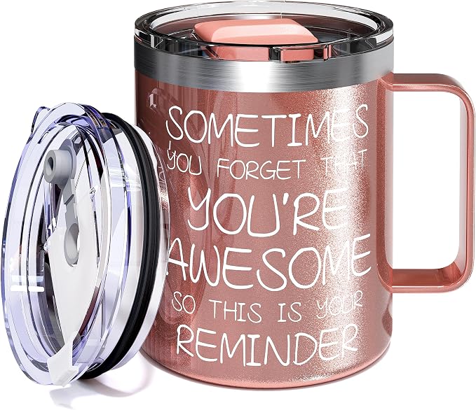 Inspirational Coffee Mug for Women, 12oz Insulated Stainless Steel Mug with Handle & 2 Lids – Sometimes You Forget You’re Awesome, Birthday & Appreciation Gift for Mom, Friend, Rose Gold