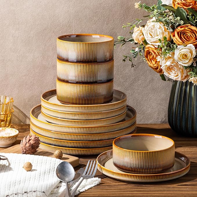 Ceramic Dinnerware Set for 8, 24-Piece Plates and Bowls Set | Lightweight Porcelain Dish Set, Scratch Resistant, Oven & Microwave & Dishwasher Safe, Creamy Amber