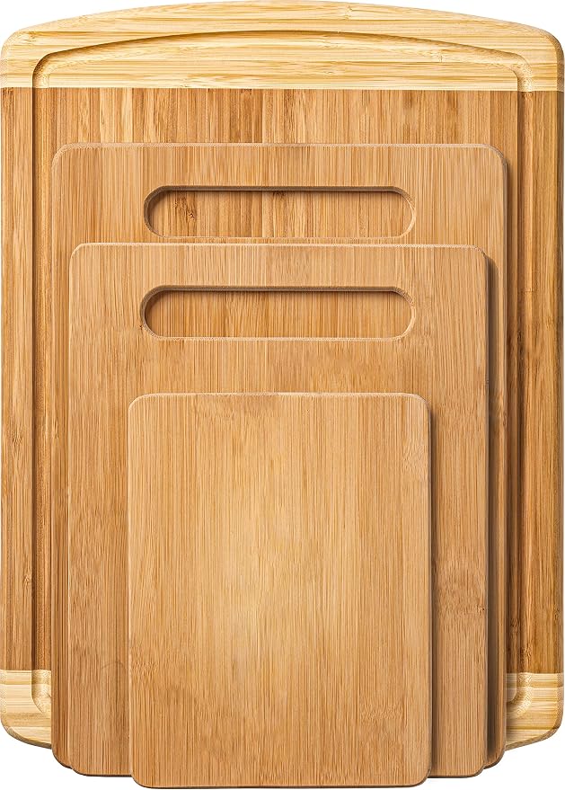 Bamboo Cutting Board Set of 4 - Wooden Cutting Boards for Kitchen with Juice Groove - Large Butcher Block, Cheese Board & Charcuterie Board for Meat, Vegetables, and Cheese - Great Kitchen Gift