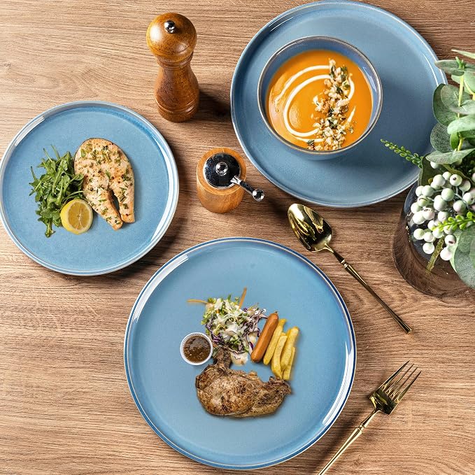 GBHOME Dinnerware Sets for 4, 12 Pieces Ceramic Plates and Bowls Set | Scratch Resistant Stoneware Dishes Set, Dishwasher & Microwave Safe, Reactive Glaze-Alaskan Blue