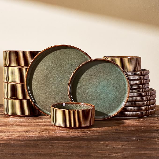 Dinnerware Set for 6, Ceramic Ribbed Plates, Bowls, Dishes | 18-Piece Stoneware Dinner Sets, Handmade Reactive Glaze, Microwave & Dishwasher Safe, Chip & Scratch Resistant, Green & Brown