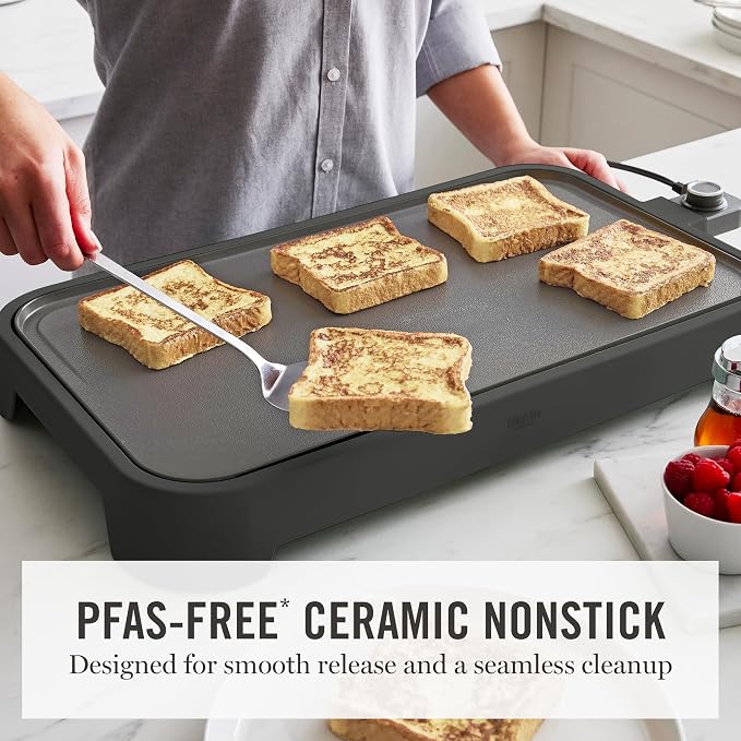 Martha Stewart 12"x 22" XL Electric Griddle, Ceramic Nonstick Flat Top | PFAS-Free Nonstick Grill, XL Cooking Surface for Pancakes & Eggs, Adjustable Temp Dial, Drip Tray, 1500W Heating, Caviar Gray