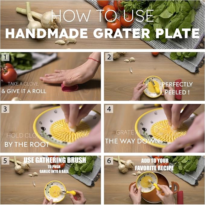 Handmade Ceramic Garlic Grater - 4 Pcs Garlic Press - Natural Ginger & Cheese Grinder - Decorative Mincer - Honey Yellow
