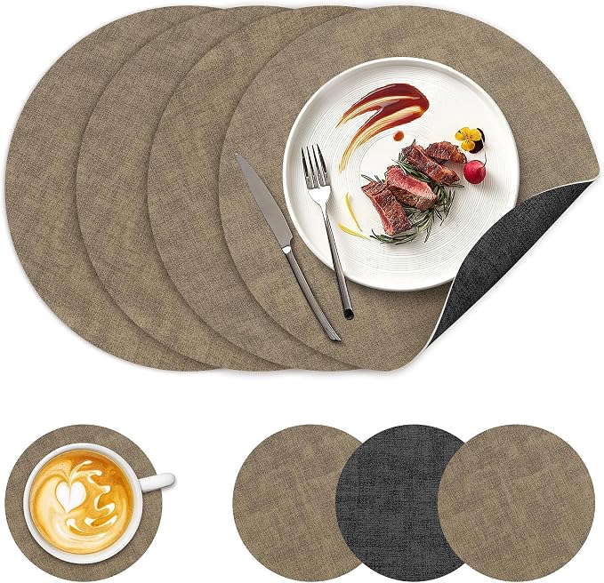 NCUE 13" Faux Leather Round Placemats Set of 4, Reversible Dual-Color | With 3.9" Coasters, 2 mm Vinyl Table Mats, Waterproof Wipeable Heat Resistant, Non-Slip Texture, for Dinner Party Home Decor