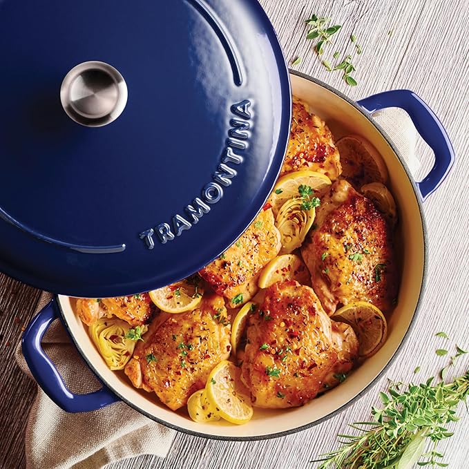 Tramontina Bestow Enameled Cast Iron 4-Qt Braiser Pan with Lid, Blue | Oven-to-Table Casserole Dish, Great for Shallow Braises & Simmers
