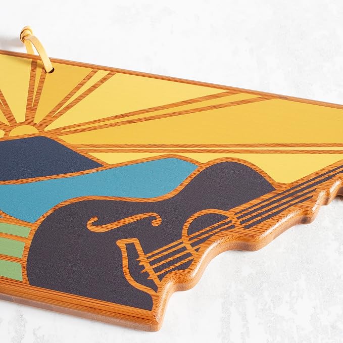 Totally Bamboo Tennessee State Shaped Cutting Board, Summer Stokes Art | State charcuterie board with colorful hand-drawn landscape art. Smooth reverse side for food prep. Hang tie for wall display.