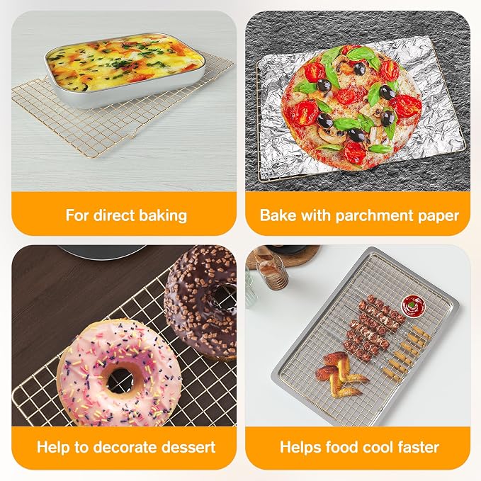 2PCS Cooling Racks for Cooking and Baking - 10" x 16"Heavy Duty Stainless Steel Wire Rack for Baking, Grilling, Roasting - Oven & Dishwasher Safe - Fits Half Sheet Pan（Gold）