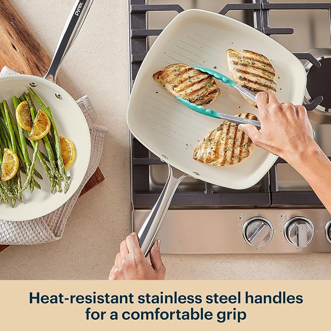 Pyrex 2-Piece Ceramic Cookware Grill & Fry Pan Set, Stainless Steel Handles | Healthy nonstick ceramic coating, induction compatible stainless steel, PFAS Lead Cadmium BPA Free