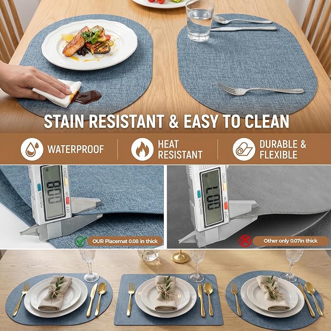 Faux Leather Placemats Set of 6, Wipeable Waterproof Stain Resistant Table Mats, Heat Resistant Thick Placemats with Hand-Painted Edges for Kitchen Dining, Imitative Linen Texture, Various Shapes