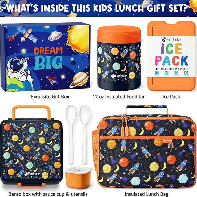 Fimibuke Kids Bento Snack Lunch Box with 4 Compartment, Insulated Lunch Bag, Stainless Steel Vacuum Thermo Food Jar, Ice Pack, Utensils Set, Birthday Gifts for Age 3-12 Back to School Toddler Girl Boy | Lunch Box Kids with 4 Compartment, Food Jar, Ice ...