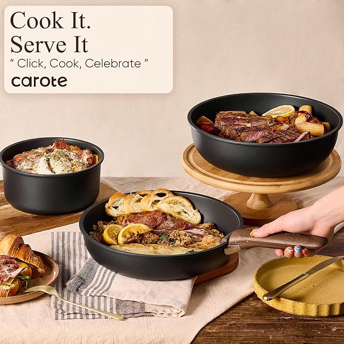 CAROTE 31pcs Pots and Pans Set Non Stick, Cookware Set Detachable Handle | Baking Pans Set, Induction Compatible, Dishwasher & Oven Safe, Space Saving, Camping Cooking Set, Kitchen Set, Black