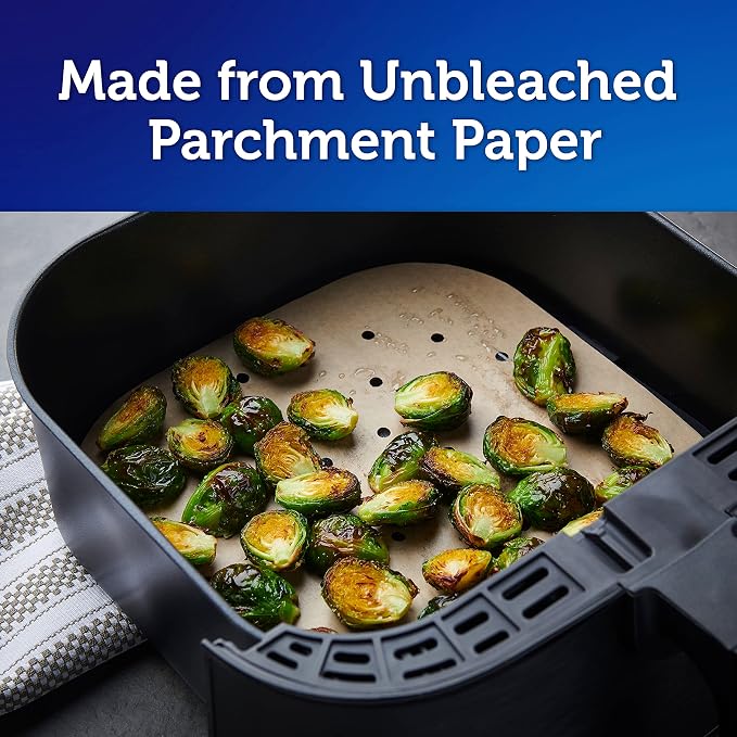 Reynolds Kitchens Air Fryer Liners Disposable, Unbleached Parchment Paper Sheets, 50 Count | Pre-Cut Disposable Parchment Paper Sheets, Fits Round and Square Air Fryers, Safe Up To 400F, Perforated For Better Airflow