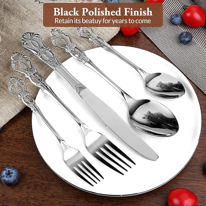 Silverware Set, 30 Pieces Retro Royal Silverware Set for 6, Baroque-Style Stainless Steel Flatware Set Including Fork Spoon and Knife, Dishwasher Safe, Silver