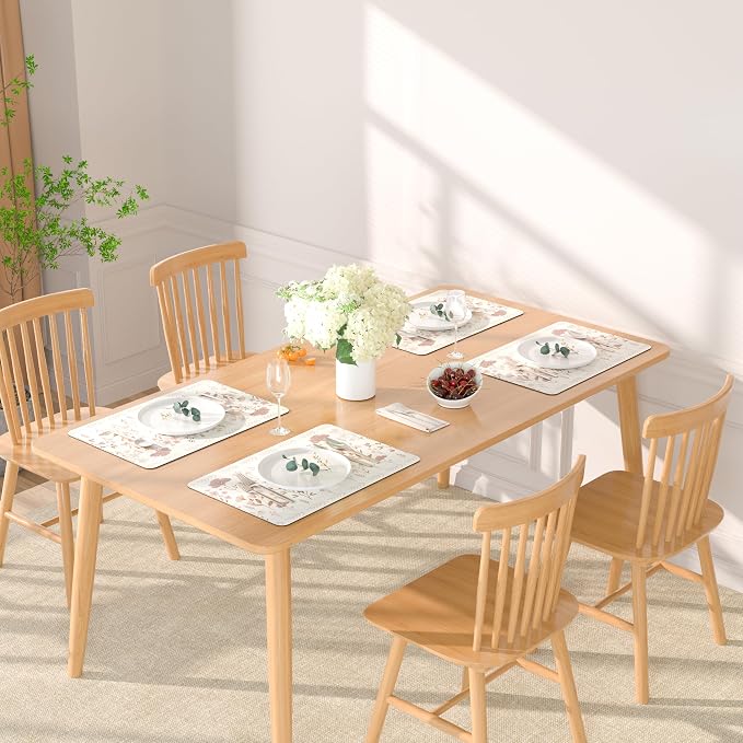 QIYI PU Leather Placemats Set of 6, 12"x18" Waterproof Table Mats, Blush | Faux Leather, Heat Resistant, Anti Slip, Wipeable Place Mats for Kitchen Dinning, Party Table Décor, Pink Flowers
