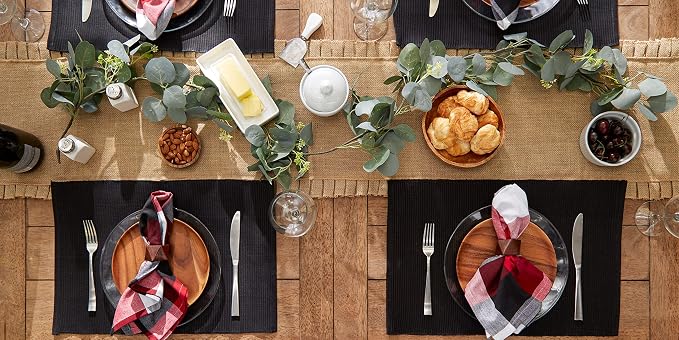 DII Basic Everyday Ribbed Tabletop 100% Cotton, Placemat Set, 13x19, Black, 6 Piece