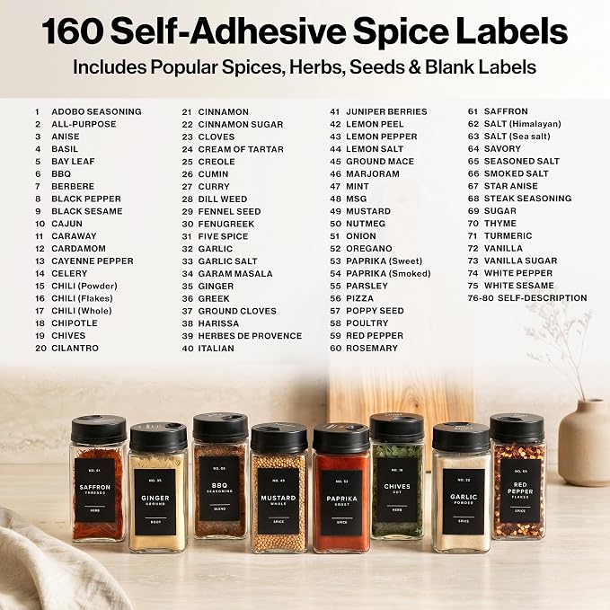 Glass Spice Jars with Labels & Black Rotating Lids – 12 Large Square Airtight Containers 6.7 oz / 200ml with Shaker Inserts, Funnel & 160 Waterproof Labels for Kitchen Pantry Organization