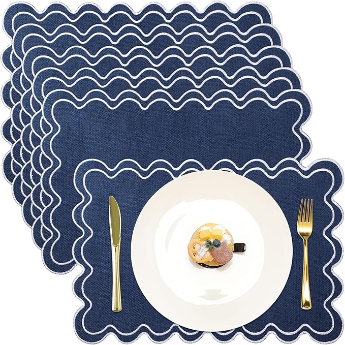 HunnmingRe Navy Blue with White Set of 6 Cotton Linen Wedding Placemats, 13x19 Inch Scalloped Wavy Embroidery Placemat Double Layered Washable Rustic Rectangle Dinner Table Mat for Home Decor