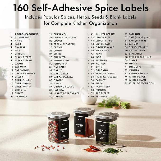 Glass Spice Jars with Labels and Steel Lids (12 x 6.4oz) Spice Containers with 160 Label, Steel Funnel, Shaker Inserts, Empty Square Seasoning Organizer for Spice Rack, Cabinet, Drawer