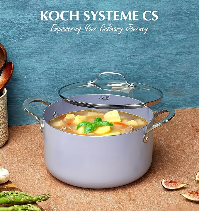 KOCH SYSTEME CS 6 Quart Nonstick Stock Pot with Lid, 6 QT Nonstick Ceramic Stockpot with Stainless Steel Handle, Induction Cooking Pot for Soups, Casserole, Soup Pot, Even Heating, Oven Safe, Purple