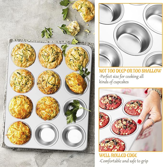 E-far Muffin Pan 12-Cup, 3-Pack Stainless Steel Cupcake Pan for Oven | Non-Toxic Metal Muffin Tins for Baking Muffins & Cupcakes, Regular Size & Easy Clean, Dishwasher Safe