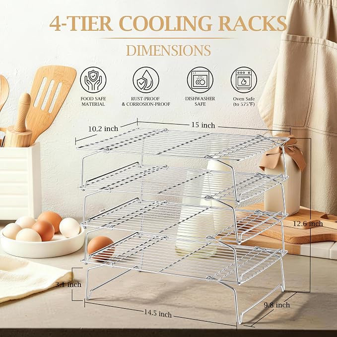 LIANYU Cooling Rack 15"x10", 4-Tier Stackable & Collapsible Cooling Racks | Stainless Steel Wire Baking Racks Fits Jelly Roll Pan, Great for Cooking, Baking, Roasting, Grilling, Oven & Dishwasher Safe
