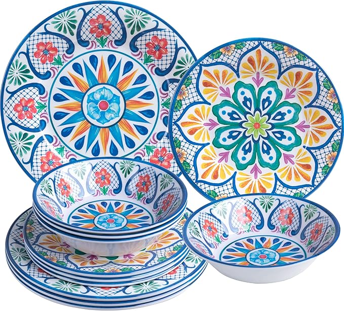 Melamine Dinnerware Sets, 12-Piece Dinner Dishes Set for 4, Durable & Non Breakable Plates Bowls Set, Shatterproof BPA-Free Dishware for Outdoor Dining,Picnic,Camping,RV–Paisley Design
