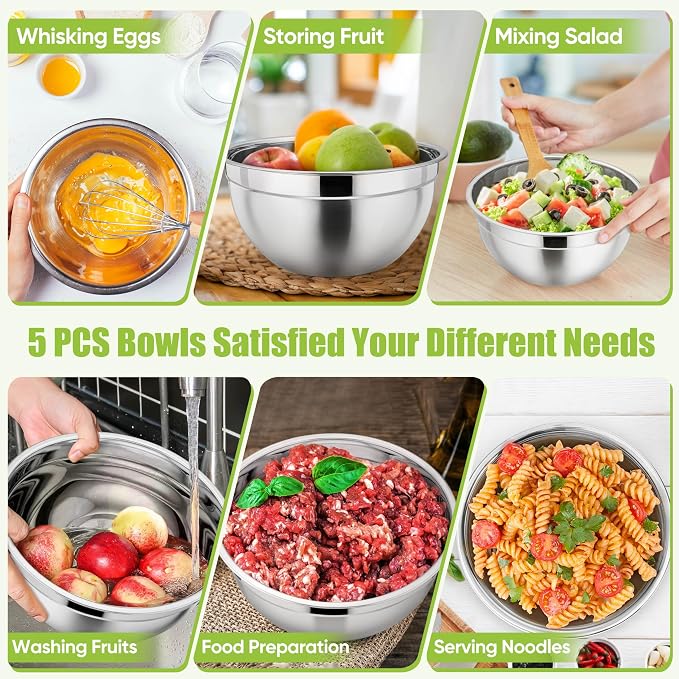 P&P CHEF Metal Mixing Bowls with Lids Set, Airtight Lids & Red | 5 PCS Stainless Steel Mixing Nesting Bowls for Kitchen Prepping, Storing, Healthy & Easy Clean, Size 4.6, 3, 1.5, 1, 0.7 QT