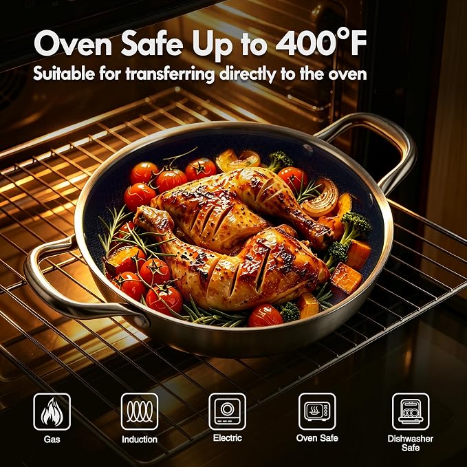 BRASA Nonstick Deep Frying pan with lid,10.24in/3QT,Stainless Steel Saute Pan,nonstick Cookware,Compatible Gas,Electric & Induction,Dishwasher safe PFOA Free(10.24in+5.9in trivet) Dual Handles