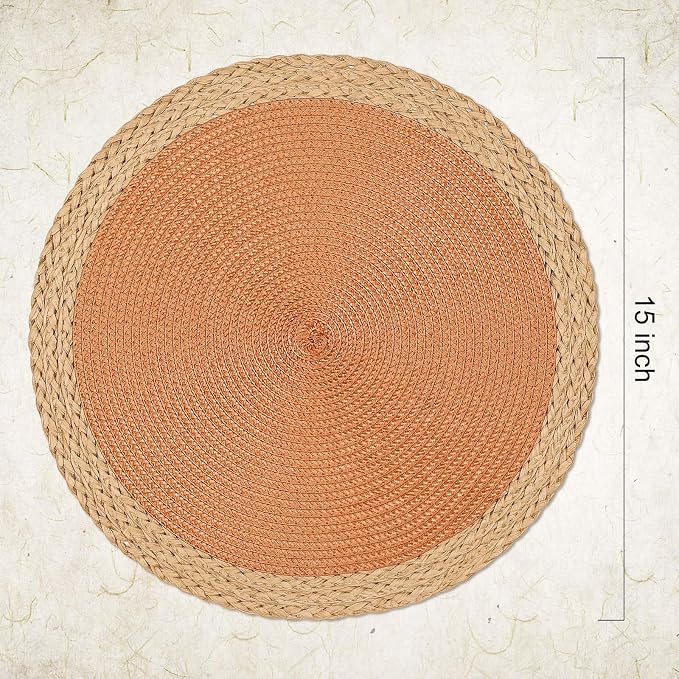 Round Placemats Set of 6, Woven Table Mats, Wide Edge, Orange | Braided Paper Edge, 15 Inch Diameter, Fits Dinner Plate and Flatware, Wipeable, Heat Resistant, Indoor Dining, Outdoor Patio