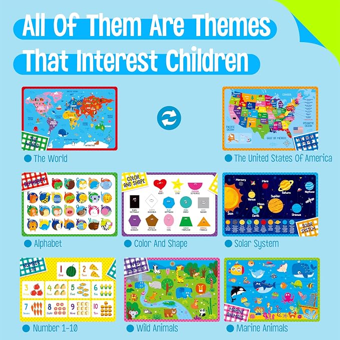 4 Pack Placemats for Kids, Non-Slip Washable Table Mats, Double-Sided Reusable Universe, Alphabet, Numbers, Map of USA & World Educational Placemats for Home, Kindergarten, Classroom, Nursery