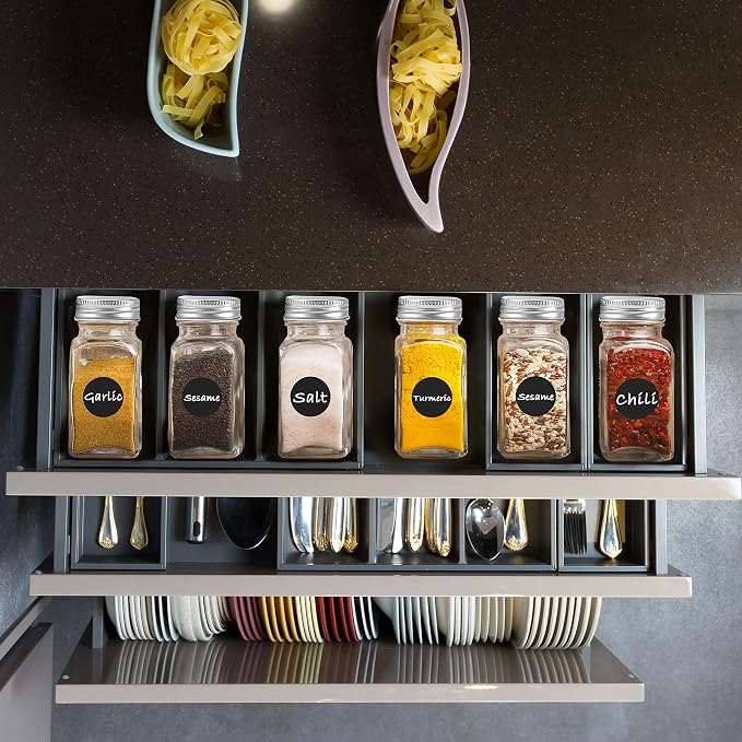 ROYALHOUSE 12 Pcs Glass Spice Jars/Bottles - 4oz Empty Square Spice Containers with Spice Labels and Airtight Metal Caps with Shaker Lids