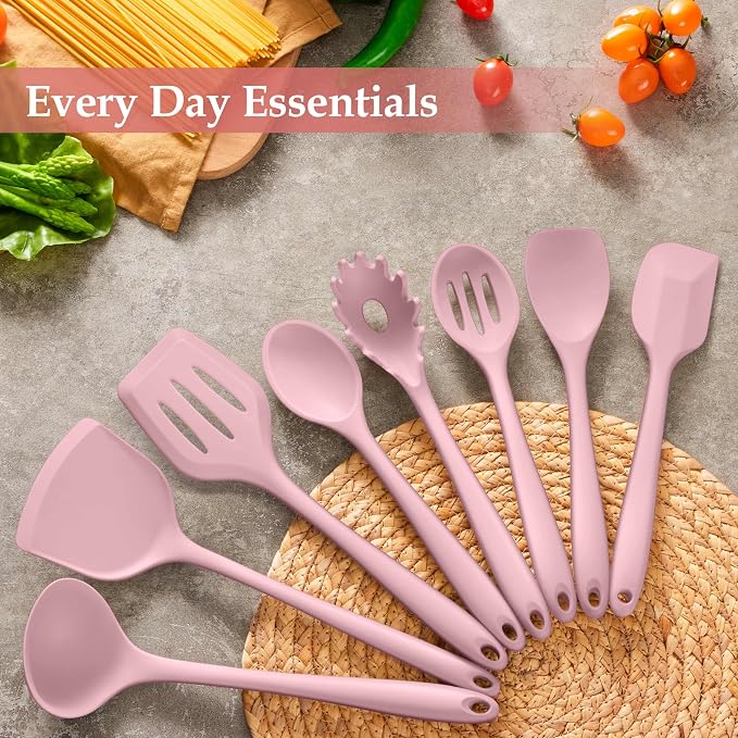 LIANYU Pink Silicone Cooking Utensils Set of 8, Non-Toxic Kitchen Utensils | Include Spatulas Spoons, Heat Resistant Non-Scratch Kitchen Tool, Healthy & Dishwasher Safe