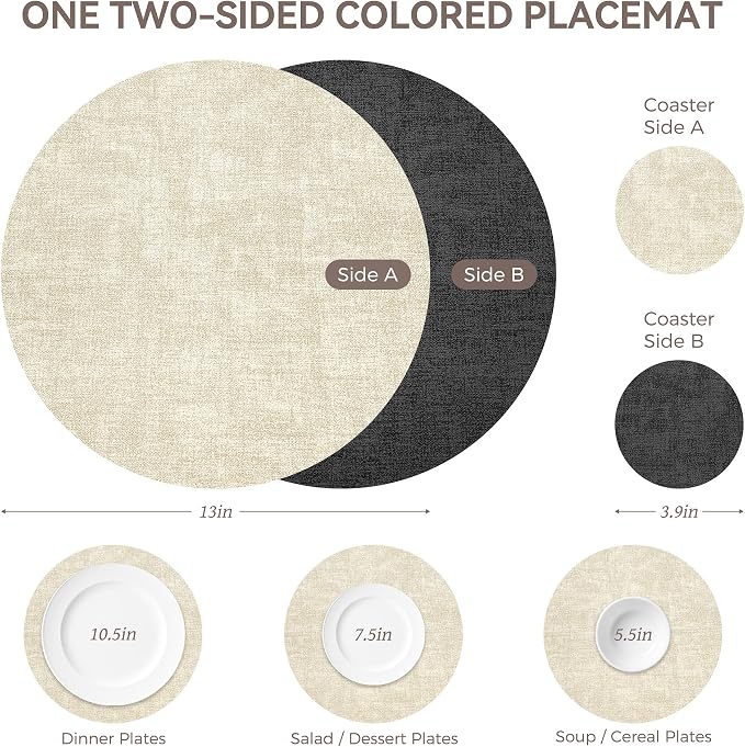 NCUE 13" Faux Leather Round Placemats Set of 4, Reversible Dual-Color | With 3.9" Coasters, 2 mm Vinyl Table Mats, Waterproof Wipeable Heat Resistant, Non-Slip Texture, for Dinner Party Home Decor
