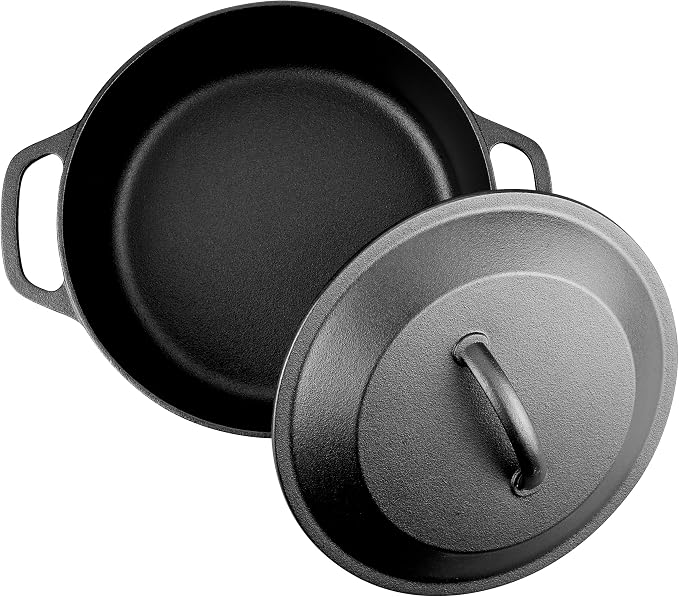 Pre-Seasoned Cast Iron Dutch Oven with Lid, Round and Dual Handles, for Stovetop, Camping, Grill, Induction, Electric, Black, 6qt