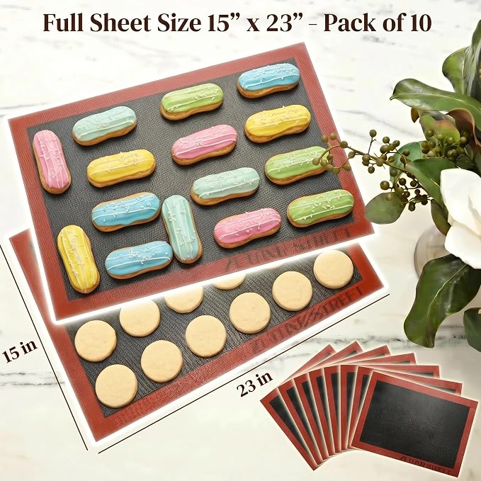 Perforated Silicone Baking Mats - Eclair Mat, Full Sheet 15x23”, Pack of 10 | Eclair Silicone Baking Mat, Nonstick Reusable Breathable Air Mat, Heat Resistant, For Pizza, Pastry, Pie Crust, Sugar Cookie