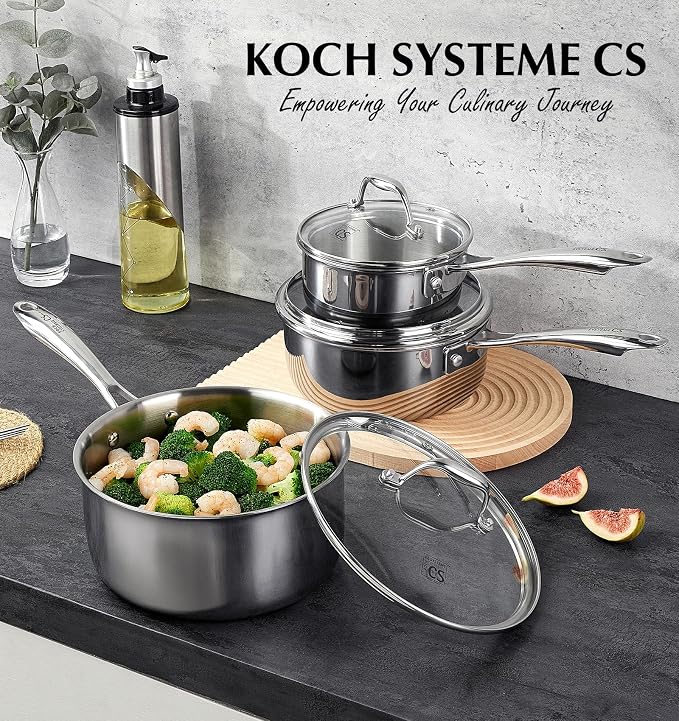 KOCH SYSTEME CS Triply Stainless Steel Saucepan, 3 Quart Stainless Steel Pot with lid, Large Cooking Pot, 3QT Sauce Pan with Stay Cool Handle, Induction Compatible Pot, Oven Safe 600°F