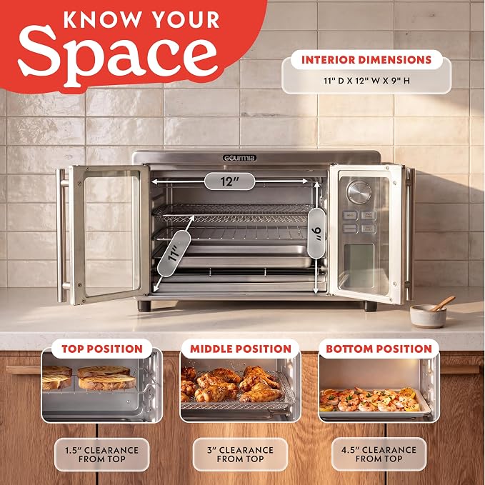 Gourmia Air Fryer French Door Toaster Oven - 6-Slice Capacity, LED Display with 14 Cooking Presets, Stainless Steel