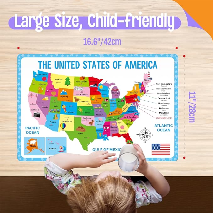 4 Pack Double-Sided Placemats, Washable & Reusable Table Mats -Math, Universe, Periodic Table, US President, Human Body, Map of USA & World Educational Placemats for Home, Kindergarten, Classroom
