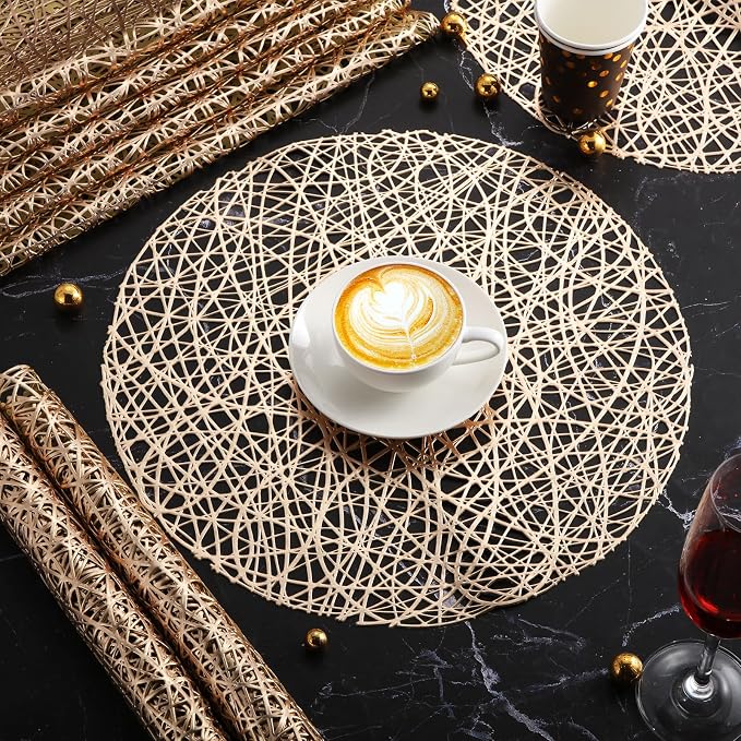 Sieral 60 Packs Round Placemats 15 Inch Hollow Out Pressed Vinyl,Gold | Heat Resistant Woven Texture, Easy Clean for Christmas Dinner Party, Wedding Holiday Centerpiece Dining Table Decor