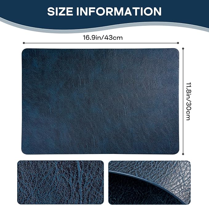 Faux Leather Placemats Set of 6 Heat Resistant Table Mats 17×12 Inch | Waterproof & Wipeable Place Mats Set of 6 Dual Sided Table Placemats for Kitchen Dining Decor Indoor Outdoor 43×30CM NavyBlue