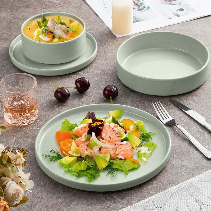 Herogo 16 Piece Plates and Bowls Set, Porcelain Dinnerware Sets with Pasta Bowls, Kitchen Dinner Ware Dishes Service for 4, Chip & Scratch Resistant Dishware, Speckled Light Green