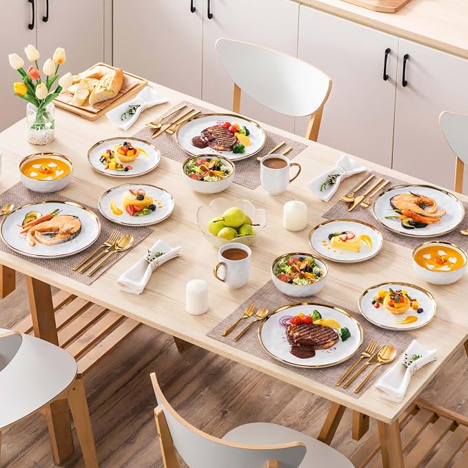 LOVECASA 16 Pieces Plates and Bowls Sets, Porcelain White and Gold Dinnerware Sets, Round Dinner Plates Dishes Set Service for 4, Dishwasher Safe and Scratch Resistant, White