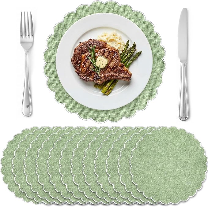 Set of 12 Sage Green Cotton Placemats 15" Round Scalloped White | Double Layered Cotton Fabric, Washable Embroidery, White Edge Edge, Rustic Table Mats for Wedding Dining Table Decor