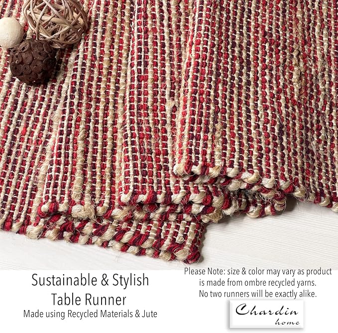 Natural Jute Table Runner 13x108 Inch – Vintage Boho Rustic Table Decor – Handwoven Long Table Runner in Natural Jute and Red – Farmhouse Dining or Console Table Accent