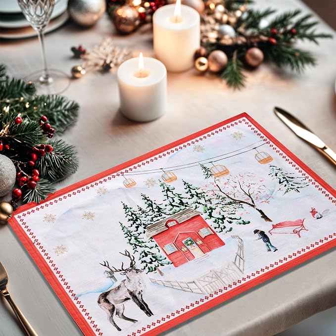 Maison d' Hermine Placemats Set of 4 Reusable 100% Cotton (13"x19") | Cloth Place Mats Washable Table Mats for Kitchen Dining Party Wedding Hotel Home Thanksgiving Christmas - Rural Christmas