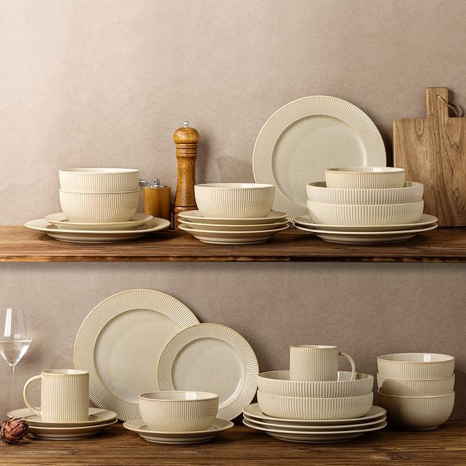Ceramic Dinnerware Set for 6, 18-Piece Plates and Bowls Set | Lightweight Porcelain Dish Set, Scratch Resistant, Oven & Microwave & Dishwasher Safe, Cream Latte