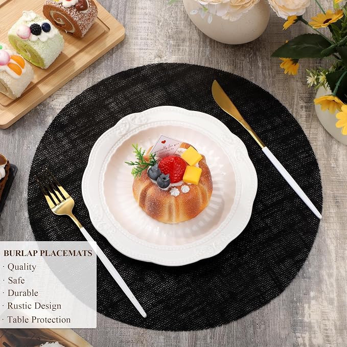 Aneco 50 Pieces Round Burlap Placemats 13.78 Inch Reusable Black Table Mats Heat Resistant Natural Jute Fibers Placemats Burlap Circle Rustic Table Decorations for Dinner Holiday Farmhouse Decor