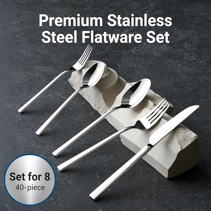 40-Piece Durable 18/10 Silverware Set, Stainless Steel Flatware | Dishwasher Safe, Service for 8, Spoons and Forks Set for Everyday Use, Home, Kitchen, Restaurant, Hotel, Party (Essen)