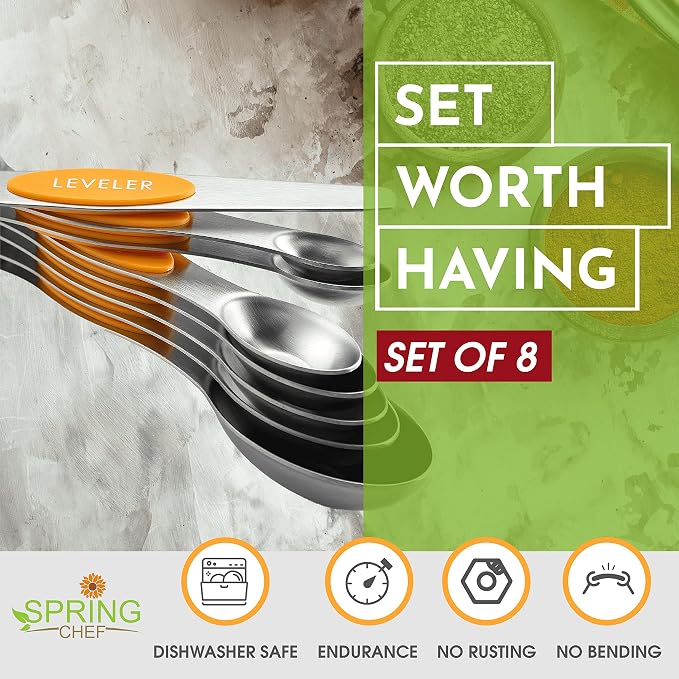 Spring Chef Stainless Steel Magnetic Measuring Spoons Set of 8, Mango | Nesting Teaspoon & Tablespoon Measuring Spoons w/ Leveler for Dry & Liquid Ingredients, Measure Spoons For Baking & Cooking